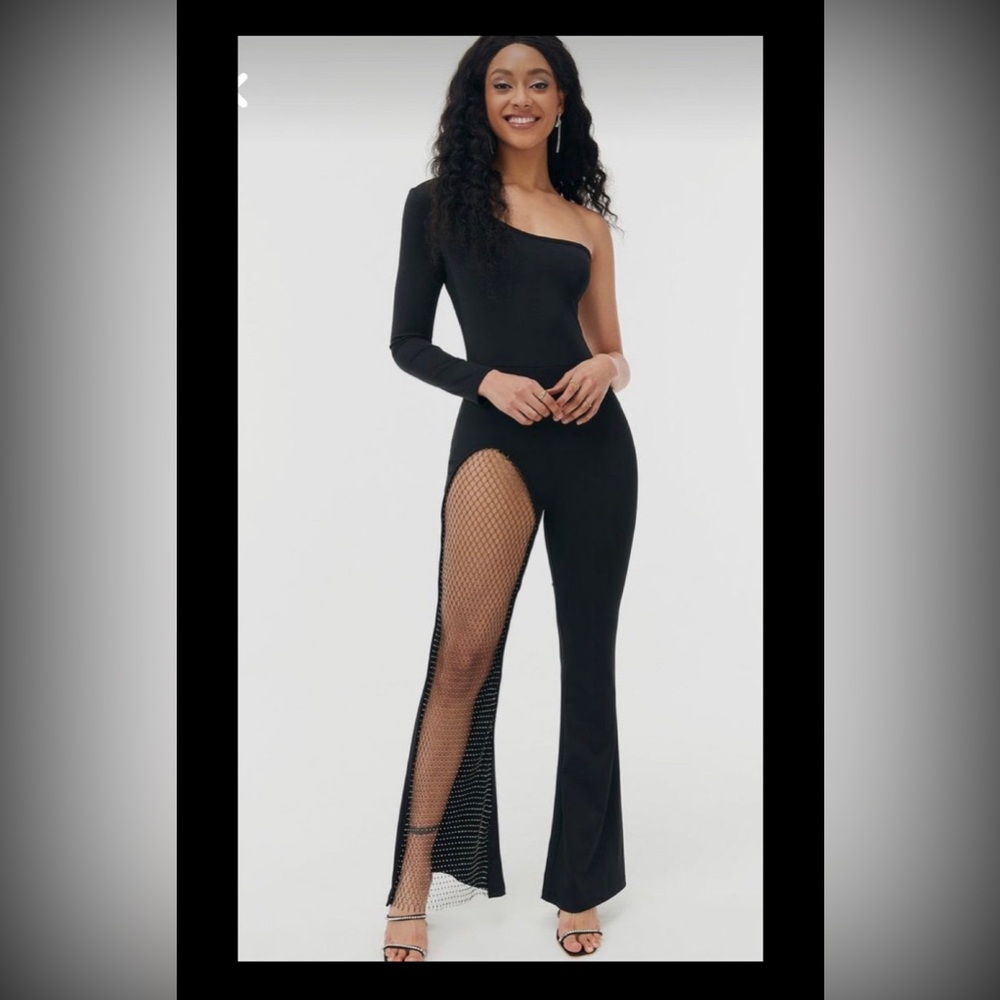 One sleeve mesh diamond studded jumpsuit